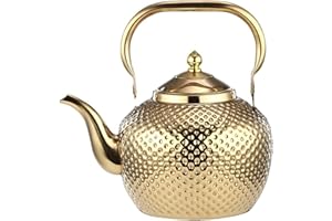 SANQIAHOME Teiera in acciaio INOX con Filtro, 2,0 litri, Adatta a Piano di Cottura a induzione, Oro Stile vintage