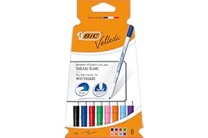 BIC Velleda 1721 Feutres Effaçables A Sec à Pointe Fine pour Tableau Blanc – Couleurs assorties, Pack Carton de 8