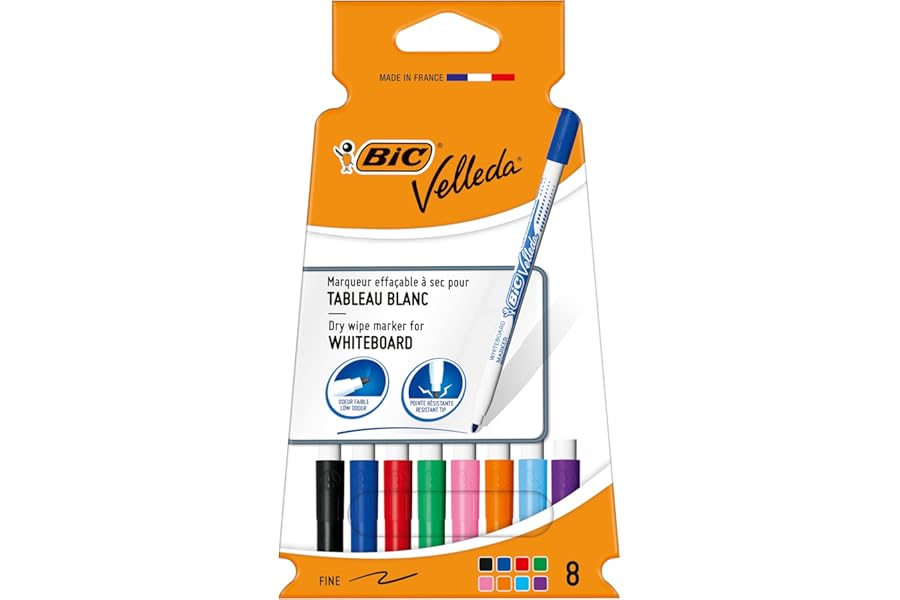 BIC Velleda Whiteboard Pens - Fine Whiteboard Marker Pens - Assorted Colours Pack of 8