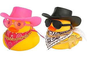 PEUTIER 2pcs Rubber Duck Car Ornaments, Funny Small Dashboard Decoration for Jeep Accessories with Disco Cowboy Hat Mini Scarf Necklace and Sunglass Toy Gift