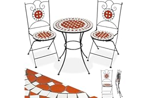tectake® Mosaic Garden Bistro Set, Powder-Coated Metal Frame, Artfully Crafted Mosaic Foldable Garden Chairs and Round Outdoor Table, Robust & Stable Design for Outdoor Use as Patio, Balcony Furniture