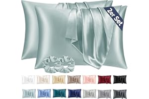 Vielit 2 Piezas Funda Almohada Saten 70x40 Verde Claro, Suave como la Funda Almohada Seda, Funda de Almohada para el Cabello y la Piel Viene con 2 Elásticos para el Cabello