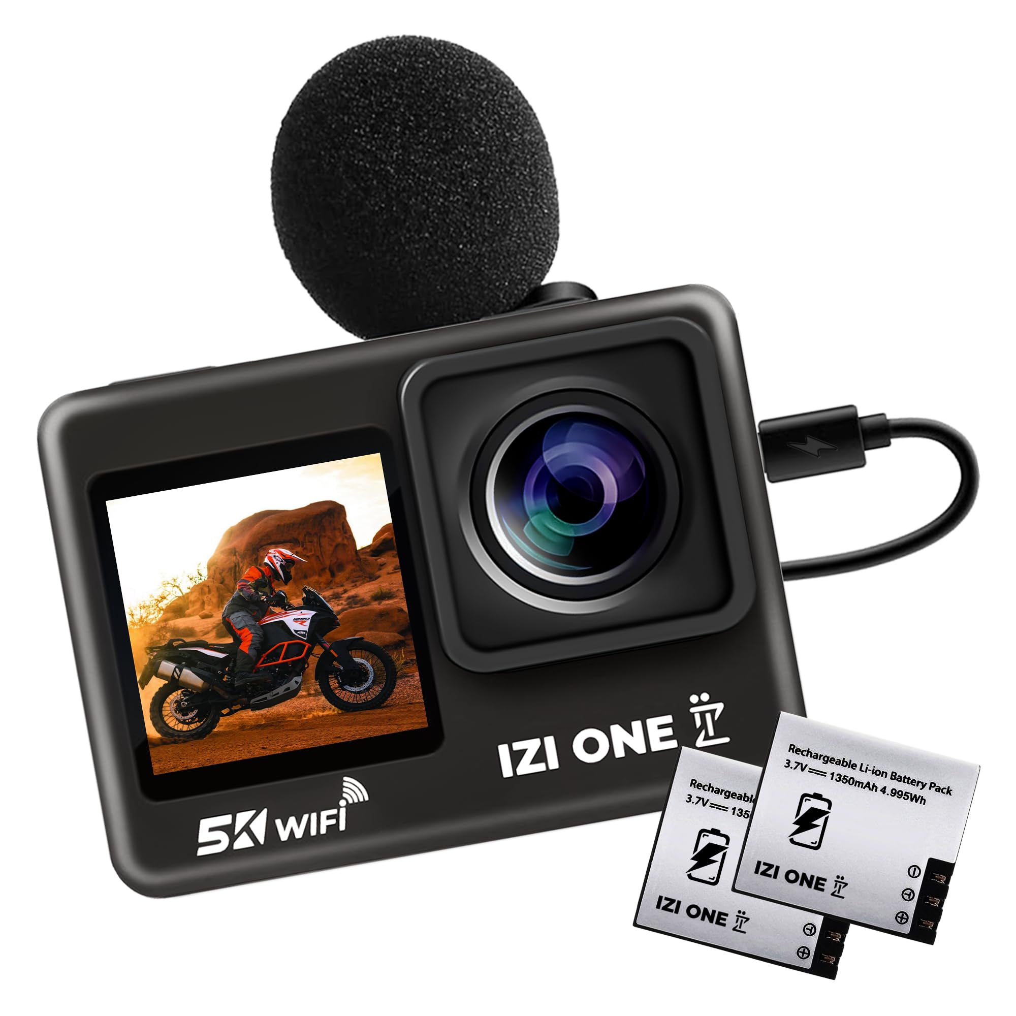 IZI New ONE+ 5K/30FPS 48MP Action Camera,EIS, 6-Axis Stabilization,110ft Waterproof, Vlog,170° FOV, WiFi, Dual Screen Video C