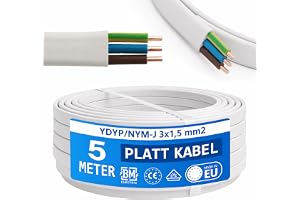 NYM kabel 3 x 1,5 mm² YDYp – strömkabel 3-polig, platt kabel 5 m, 10 x 5 mm, fönstergenomföring, våtrumskabel, massiv kopparl