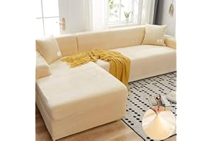 LINGKY Sofabezug Ecksofa L Form Stretch Samt Sofa Überzug Universal Couchbezug Für 1/2/3/4 Sitzer Waschbar Sofa Überwürfe (L Form Ecksofa Erfordert Zwei) - Sofabezug 4 Sitzer, Beige