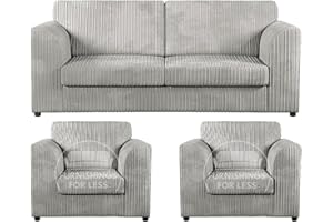 Furnishings For Less UK Luxor Jumbo Corduroy 3 Piece Sofa Suite, Deep Foam Seating, Scatter Back Cushions, 12 Colours, 3+2+1/3+1+1/2+1+1 (Silver, Fullback 3 + 1 + 1)
