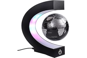 FLRMINGIGIGI Globe terrestre flottant magnétique avec lumières LED colorées en forme de C, anti-gravité, carte du monde rotative pour cadeau, décoration de bureau à domicile, bureau, avec interrupteur, noir