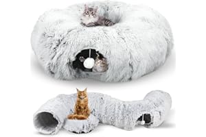 Shyllin Tunnel per gatti rotondo con cuscino letto, tunnel per gatti rotondo con cuscino rimovibile, con tappetino rimovibile e palline tremanti, grigio chiaro