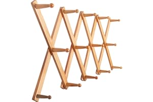 SKOLOO Appendiabiti da parete a fisarmonica, moderno ed espandibile, montaggio a parete, in legno massiccio, 14 pioli, naturale