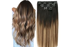‎VINBAO VINBAO Clip in Extensions Echthaar Balayage Schwarz bis Aschbraun und Bleichblond Clip in Haar Echthaar Gerade Remy Haar Clip in Haarverlängerung 120g 6Pcs 22 Zoll (#1B/4/27,55cm)