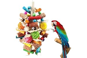 JIJIZHAZHA Large Bird Parrot Chewing Toy,Parakeet Toys Nature Durable Hanging Chewing Multicolored Natural Wooden Strips，Rattan Ball and Natural Corn Cob Tearing Toys for Large Bird Amazon Parrots African Grey.