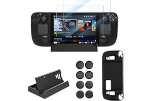 Ermorgen 5-in-1-Zubehörpaket für Valve Steam Deck, 2 Glas-Displayschutzfolien, 1 Dock-Ständer, 1 Schutzhülle und 1 Satz Daumengriffkappen (2x4 Stück)