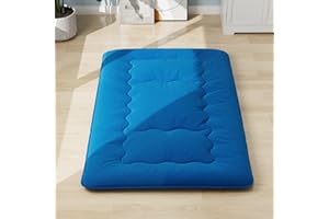 COSTWAY Japanese Floor Mattress, Thicken Futon Mattress Tatami Mat Sleeping Pad with Carry Bag, 10cm Foldable Roll Up Mattress for Lounger Bed Dorm Camping, Machine Washable (Blue, Small Double)