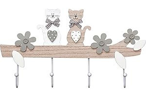 SPOTTED DOG GIFT COMPANY Coat Hooks Wall Mounted, Wooden Coat Rack with 4 Hooks for Clothes Coats Keys, Cat Themed Decorative Home Room Decor Accessories for Adults Kids, Gifts for Animal Lovers