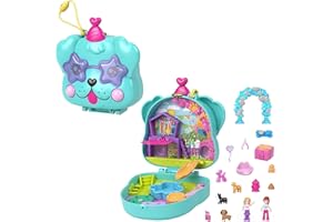 Polly Pocket Hunde-Party Schatulle - Spielset mit 2 Puppen, 5 beweglichen Spielelementen, 14 Accessoires, Hundehütte, Rutsche, Geburtstagskuchen, für Kinder ab 4 Jahren, HKV30