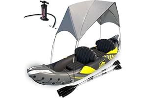 KEYSTONE PEAK KP Inflatable Kayak 2 Person with Detachable Sun Canopy/Shade - Kayaks for Adults - Waterproof Phone Bags - Adjustable Seats - 3rd Seat for Dog/Child - Backrests & More