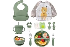 Neuytiky Silikonowy zestaw naczyń dla dzieci, 11 sztuk, antypoślizgowe, silikonowe naczynia, naczynia dla dzieci z przyssawką, łyżeczka dla niemowląt, kubek do nauki picia, śliniaczek, nie zawiera BPA