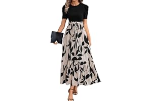 MOKBAY Damen Kleid Blumenmuster Rundhals Taillenschnürung Maxikleider Sommer Lockeres Boho-Kleid Schöne Kurzarm Sommerkleider