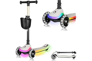 LIONELO Monopattino Bambino a 3 Ruote MEY per bambini da 3 anni fino a 50kg, Monopattino per Bambini con Illuminata e Ruote a LED, Altezza Regolabile, Pedana Antiscivolo, laggero, Cestino