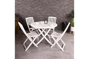 Charles Bentley FSC Acacia White Washed Wooden Dining Set, 4 Seater, Circular Table, Four Chairs, Outdoor, Garden, Furniture, Modern Design, Sustainable, Hardwood, 5 Piece, Ethical (100x100x74cm)