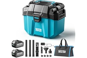 Seesii Aspiradora seco y Humedo sin Cable, 10L, 2 baterías de 4 Ah, Filtro HEPA, Correa, 4 Ruedas y Accesorios. Ideal para Garaje, Coche, Taller y casa (Azul)