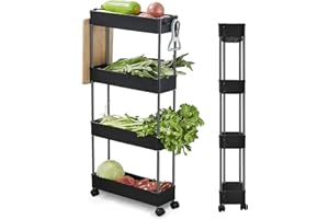 ‎WOPEITE Wopeite Kitchen Trolley with 4 Levels, Kitchen Shelf, Recess Shelf on Wheels, Rolling Trolley, Recess Shelf 13 cm Wide, Storage Shelf for Kitchen, Office, Bathroom, Laundry Room, Plastic, 40 x 13 x 86