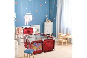 LN COZY CORNER Large Baby Playpen with Basketball Hoop Extra Wide Portable Play Yard with Breathable Mesh, Foldable Safety Fence for Toddlers & Infants Boys Girls (RED)