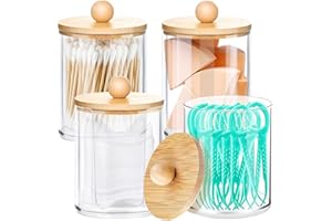 KFDDRN Lot de 4 boîtes à cotons-tiges en acrylique | Qtip | Boîte de rangement pour tampons de coton | Avec couvercles en bambou | Pour salon, chambre à coucher, salle de bain