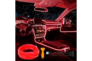 LIGHEID EL Wire Car LED Interior Strip Light, USB Neon Lights with 6mm Sewing Edge - 197 inches Glowing Electroluminescent (EL) Wire, Ambient Lighting Kit for Car Decorations (5M/16.5FT, Red)