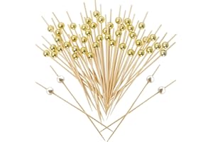 ORMROMRA Lot de 100 pics à cocktail et cure-dents en bois pour boissons et apéritifs – 12 cm – Perle dorée fantaisie