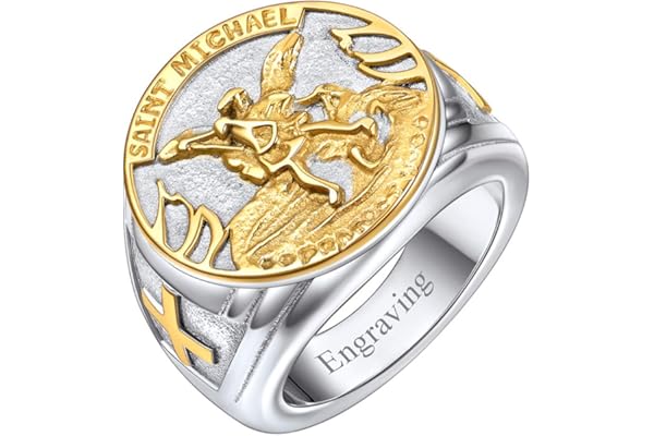 FaithHeart Bague Religieux Homme,Chevalière Acier Inoxydable Personnalisable,Bagues Saint Michel/Franc Maçonnerie,Plaqué Or/Noire,Taille 54-72,Bijoux Religion Vintage (Boîte Cadeau)