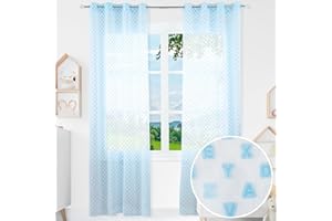 BOD HOME Tenda Traslucida per Bambini in 2 Pezzi per la Camera dei Ragazzi e delle Ragazze, 140x260cm LxA, Tenda Blu per la Camera dei Bambini con Disegno di Lettere, Materiale 100% Poliestere