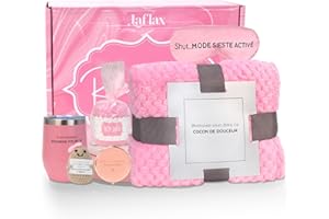 Laflax Cadeau Anniversaire Femme Original - Patate Positive en Français avec Mug Rose, Plaid, Miroir Motivant, Chaussettes, Masque de Nuit - Idée Coffret Femme