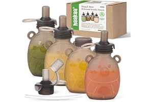 haakaa Happii Bear Silicone Bags, Reusable Baby Food Bags for Homemade Organic Purees, Juices, Smoothies and Yogurt, 1 Piece, 6 Ounce, Pack, 4