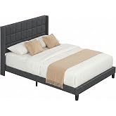 HOMCOM Bed 135 x 190 cm Bed Frame with Upholstered Faux Linen Headboard and Storage Space Under the Bed Load 300 kg Grey