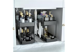 DEKAVA Küchen Organizer, 2 Unter Waschbecken Regal, Schrank Küchenorganizer mit 4 Haken, Schrankkorb für Küche, Bad, Putzmittel, Waschmittel （Schwarz）