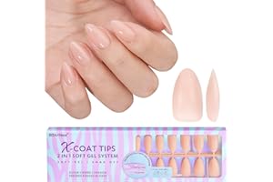 Short Almond Gel Nail Tips - BTArtbox Soft Gel Press On Nails, Nude XCOATTIPS false nails, Pre-applied Tip Primer Natural Full Cover Fake Nails for Nail Extensions