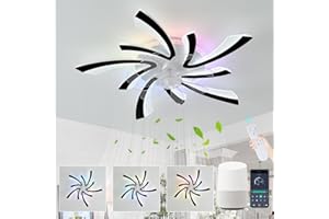 GWYAJTU RGB Deckenventilator Mit Beleuchtung Kompatibel mit Alexa, Moderne Blume Ventilator Lampe LED Dimmbar, 6 Gang DC Motor Reversibler Deckenlampe Mit Ventilator Für Schlafzimmer Wohnzimmer-Schwarz