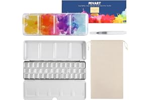 PEVART 40-teiliges Set: 1x Leere Aquarelldose Aquarellkasten Metallkasten leer Mal-Paletten, 37x Leere Aquarell Pfannen Wannen Näpfen für Aquarellfarben, 1x Wassertankpinsel, 1x Stoffbeutel