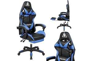 Krüger&Matz Fotel Gamingowy dla Gracza z Funkcją Masażu GX-150 Fotel z Wysuwanym Podnóżkiem Regulowane Podparcie Lędźwi Miękka Ekoskóra Gumowe Kółka Kolor Czarno-Niebieski KM0790-BL