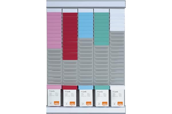 Nobo - Kit Planning Hebdomadaire à Fiches T, Mural, 5 Colonnes & 24 Fentes, Indice 2, Fiches T Multicolores Incluses, 2911680