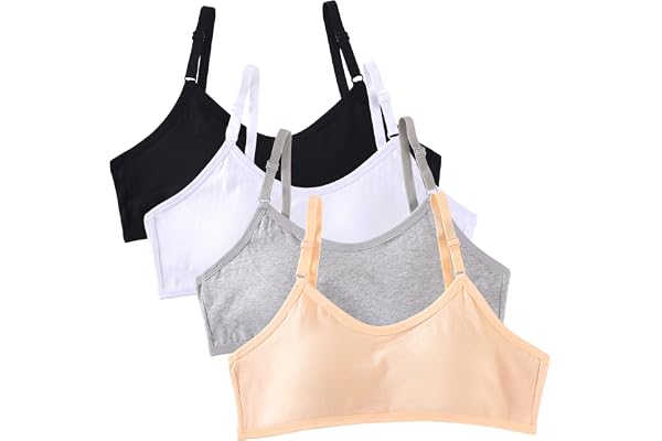 Baogaier 4-pack tonåring, flickor, bh, bomull, andas, sport, träning, underkläder med fast, vadderad och justerbar axelrem, bralette, topp, bustier för 10–16 år, barn, tweens