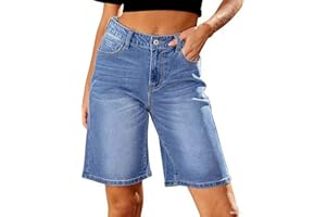 LuminBlaze Short en Jean Femme Taille Haute Tendance Longueur Genou Jean Court Extensible Jambe Large Coupe Ample Bermuda Long