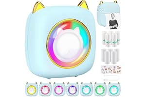 HUIJUKEJI Mini Stampante Fotografica,Stampante Termica,immagine per foto, stampa di ricevute,stampante fotografica,con 10 rotoli di carta 1 adesivo per smartphone per Fotografica Note Elenco Memo (Led Blue)