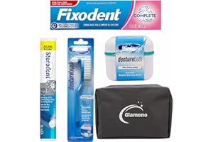 Denture Cleaning Tablets with Denture Box, Denture Adhesive and Brush Bundled with Glameno Toiletry Bag