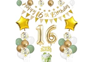 FEYG 16th Birthday Decoration for Him Her, Sage Green White Gold 16th Birthday Balloons with Number 16 Balloons Happy 16th Birthday Banner Cake Toppers Triangle Flag for Men Women 16th Birthday Decorations
