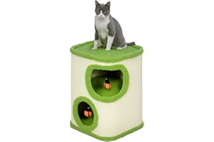 PawHut Kratztonne, 52 cm hoch Katzentonne mit 2 Höhle, Kratzbaum mit Marienkäfer-Spielzeug, Katzenturm aus Sisal, Katzenhöhle Katzenhütte für Katze bis 5 kg, Grün+Cremeweiß