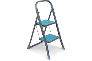 Beldray Foldable 2 Step Steel Ladder – Safety Non-Slip Steps & Feet, Outdoor & Indoor DIY, Durable & Sturdy, Folds Easy For Neat Storage, Safety Clip, Approx 2m Reach Height, Turquoise/Grey