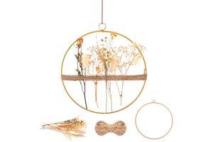 NAEBRO Trockenblumen Kranz 25cm Deko Metallring mit Trockenblumen zum Aufhängen, Gold Metall Blumenkranz Deko Ring für Fenster Wand Tür Wohnzimmer Boho Dekoration
