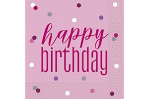 UNIQUE Glitz Pink & Silver Happy Birthday Luncheon Napkins (16cm) - Perfect for Parties - 16ct